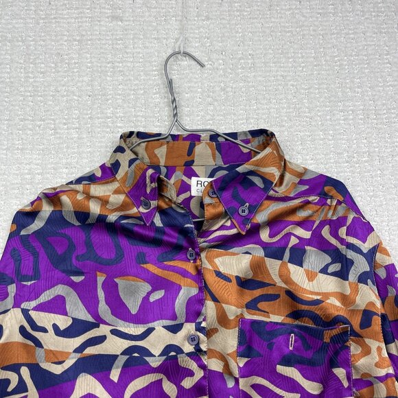 Y2K Rouie Purple / Orange camo AOP Button Up Top Sz 14 Funky Party Canada Made - Picture 2 of 14